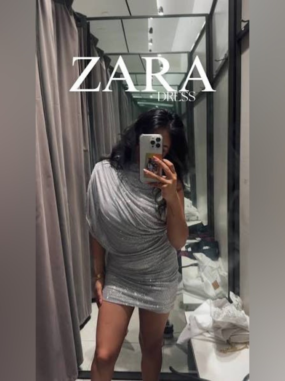 ZARA Silver One-Shoulder Ruched Mini Dress